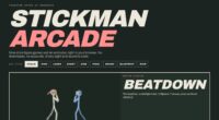 Stickman Arcade lineup page with animated cards for nine games and an animator in chalk style