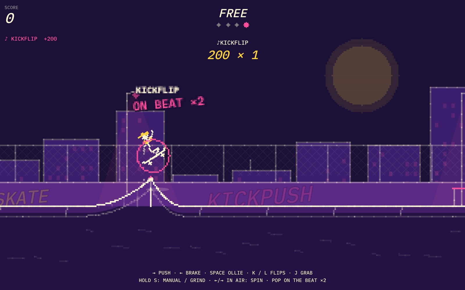 Pixel-art skater flipping the board over a stair set with a trick chain in the corner